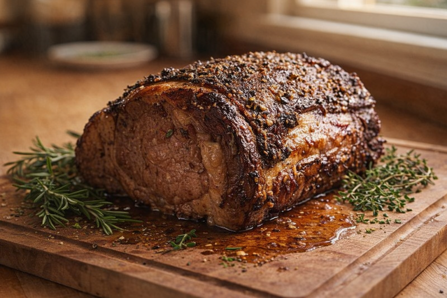 An eye-level, close-up shot of a perfectly roasted sirloin roast, glistening with juices, resting on a cutting board, surrounded by herbs, warm golden lighting